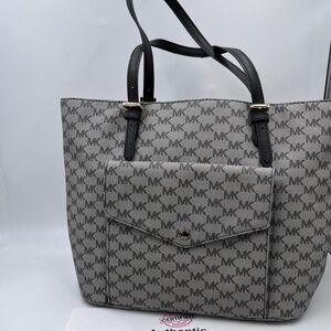 Authenticated Michael kors Gray Black Signature Logo Leather Trim Tech Tote Bag